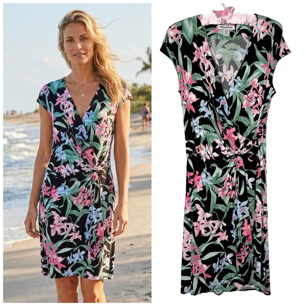 Tommy Bahama Clara Botanic Faux Wrap Dress M Stretch Tropical Floral Resort